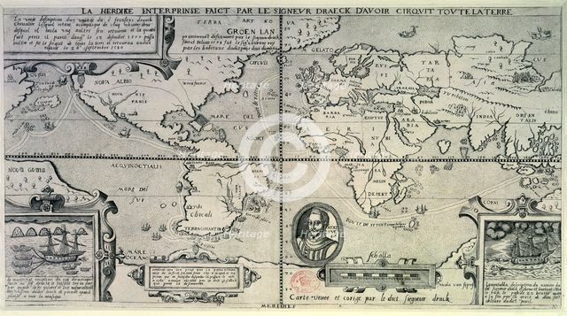 Map showing Francis Drake's Circumnavigation of the Globe, c1577-c1580. Creator: Unknown.