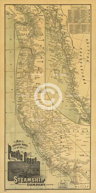 Map showing routes of the Pacific coast Steamship Company, 1891. Creator: Rand McNally.