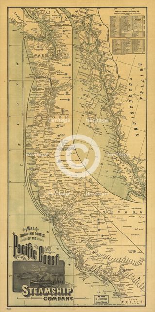 Map showing routes of the Pacific coast Steamship Company, 1891. Creator: Rand McNally.