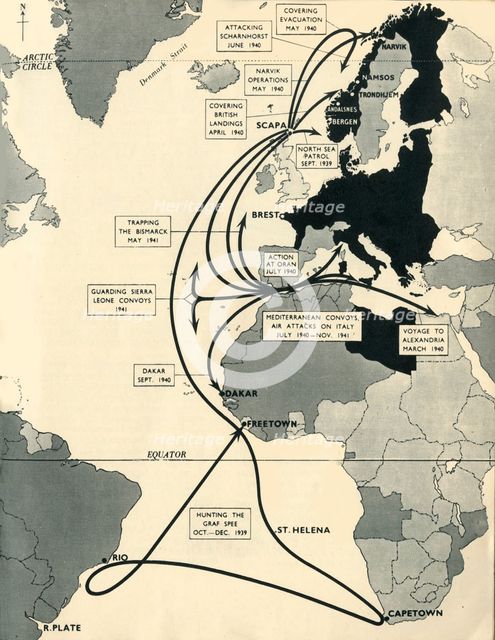 Map showing the movements of 'HMS Ark Royal', 1939-1941, (1942). Creator: Unknown.
