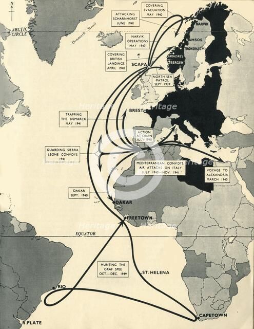 Map showing the movements of 'HMS Ark Royal', 1939-1941, (1942). Creator: Unknown.