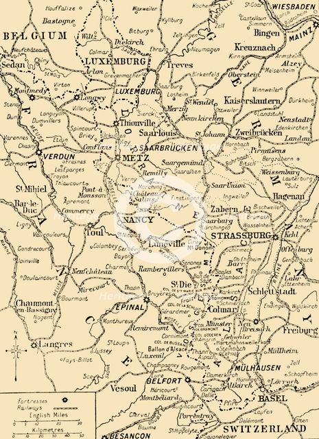 Map showing the border between France and Germany, First World War, c1915, (c1920). Creator: Unknown.