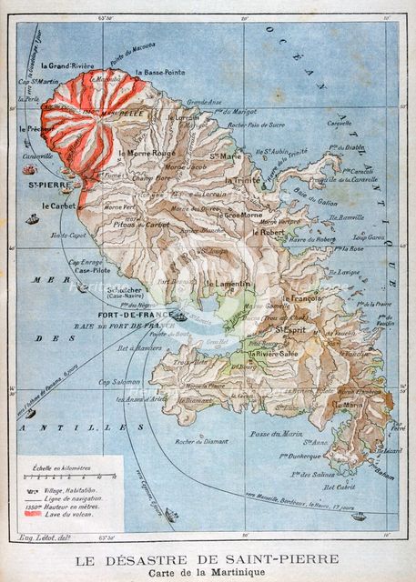 Map showing the eruption of Mount Pelee, Martinique, 1902. Artist: Unknown