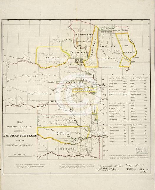 Map showing the lands assigned to emigrant Indians west of Arkansas and Missouri, 1836. Creator: Topographical Bureau.