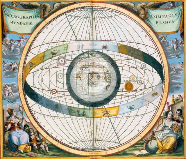 Map showing Tycho Brahe's system of planetary orbits around the Earth, 1660-1661. Creator: Andreas Cellarius.