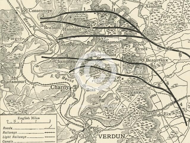 'Map showing...the Attack on Verdun' northern France, First World War, 1916, (c1920). Creator: Unknown.