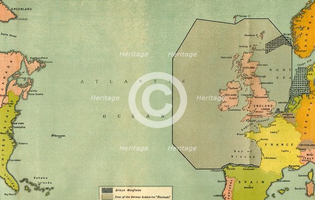 'Map To Illustrate the German Submarine Blockade and the British Minefields...', 1919.  Creator: London Geographical Institute.
