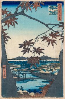 Maple Leaves and the Tekona Shrine and Bridge at Mama, 1856-1858. Creator: Hiroshige, Utagawa (1797-1858)