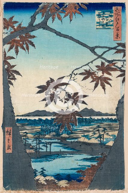 Maple Leaves and the Tekona Shrine and Bridge at Mama, 1856-1858.  Creator: Hiroshige, Utagawa (1797-1858).