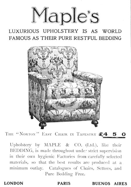 Maple's luxurious upholstery is as world-famous as their pure restful bedding, 1909. Creator: Unknown.
