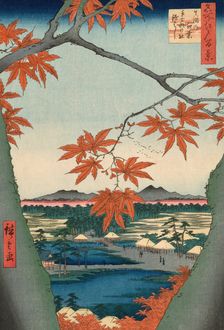 Maple Trees at Mama, Tekona Shrine and Tsugi Bridge (Mama no momiji, Tekona no yashiro, Ts..., 1857. Creator: Ando Hiroshige
