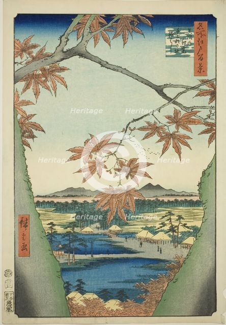 Maple Trees at Mama, Tekona Shrine and Tsugi Bridge (Mama no momiji, Tekona no yashiro, Ts..., 1857. Creator: Ando Hiroshige.