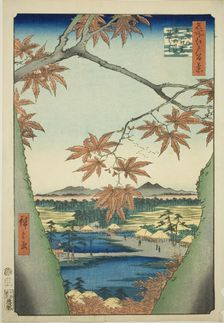 Maple Trees at Mama, Tekona Shrine and Tsugi Bridge (Mama no momiji, Tekona no yashiro, Ts..., 1857. Creator: Ando Hiroshige