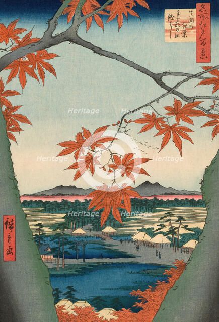Maple Trees at Mama, Tekona Shrine and Tsugi Bridge (Mama no momiji, Tekona no yashiro, Ts..., 1857. Creator: Ando Hiroshige.