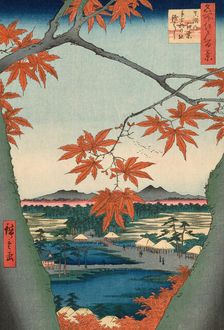 Maple Trees at Mama, Tekona Shrine and Tsugi Bridge (Mama no momiji, Tekona no yashiro, Ts..., 1857. Creator: Ando Hiroshige