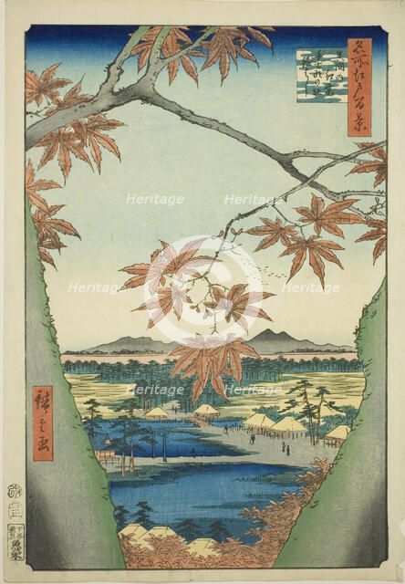 Maple Trees at Mama, Tekona Shrine and Tsugi Bridge (Mama no momiji, Tekona no yashiro, Ts..., 1857. Creator: Ando Hiroshige.