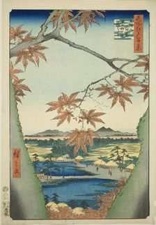 Maple Trees at Mama, Tekona Shrine and Tsugi Bridge (Mama no momiji, Tekona no yashiro, Ts..., 1857. Creator: Ando Hiroshige
