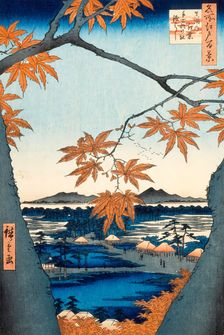 Maple Trees at Mama, Tekona Shrine and Linked Bridge, 1857. Creator: Ando Hiroshige