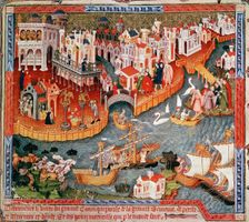 Marco Polo sailing from Venice in 1271, (15th century) . Creator: Unknown