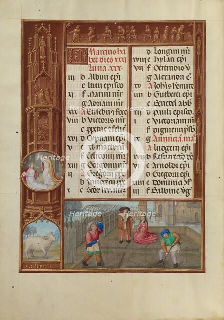 March Calendar Page: Gardening: Aries; Spinola Hours, about 1510-1520. Creator: Workshop of the Master of James IV of Scotland.