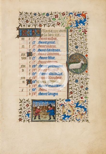 March Calendar Page: Pruning Trees: Aries; Book of Hours, about 1440-1450. Creator: Workshop of the Bedford Master.