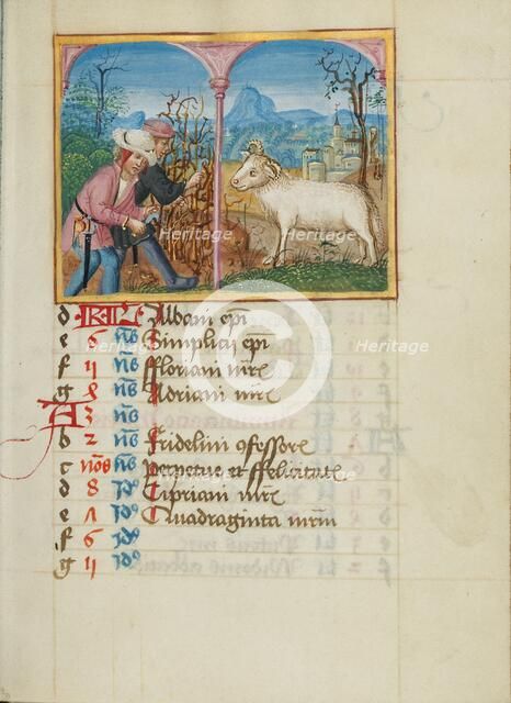 March Calendar Page: Pruning Trees: Aries; Book of Hours, early 16th century. Creator: Unknown.