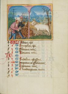 March Calendar Page: Pruning Trees: Aries; Book of Hours, early 16th century. Creator: Unknown