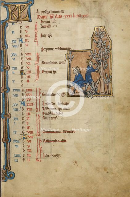 March Calendar Page; Pruning Trees; Psalter, mid-1200s. Creator: Unknown.