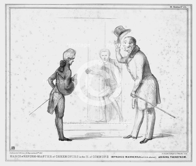 'March of Reform - Master of Ceremonies in the H. of Commons Improved Manners...', 1837.  Creator: John Doyle.