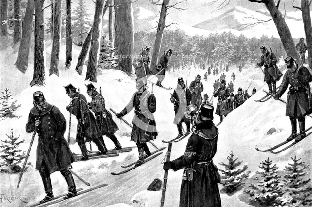 March of the 5th Prussian Rifle Battalion on snow-shoes through the Giant's Mountains, Silesia, 1895 Creator: Lascelles.