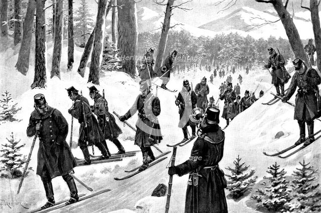 March of the 5th Prussian Rifle Battalion on snow-shoes through the Giant's Mountains, Silesia, 1895 Creator: Lascelles.