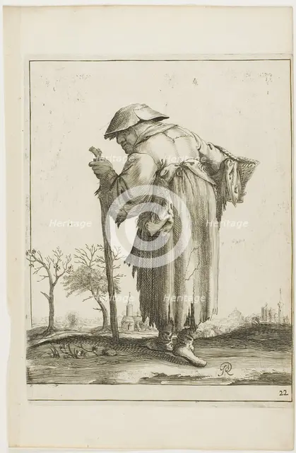 Marching Beggar Woman with a Basket, from T is al verwart-gaern (It's already..., 1634/38. Creator: Pieter Jansz. Quast.