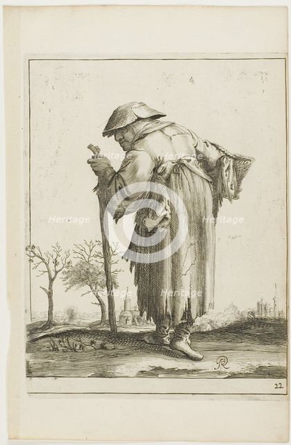 Marching Beggar Woman with a Basket, from T is al verwart-gaern (It's already..., 1634/38. Creator: Pieter Jansz. Quast.