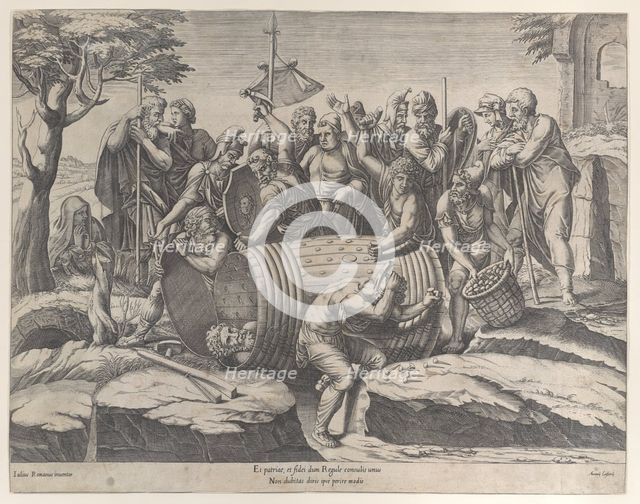 Marcus Atilius Regulus in a barrel while two men are hammering in the nails, various fi..., 1555-77. Creator: Diana Mantuana.