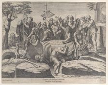 Marcus Atilius Regulus in a barrel while two men are hammering in the nails, various fi..., 1555-77. Creator: Diana Mantuana