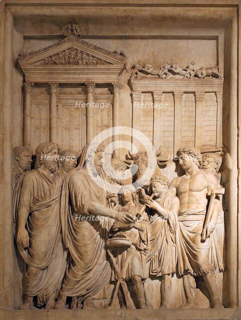 Marcus Aurelius and members of the Imperial family offer sacrifice in gratitude for success against Germanic tribes, ca 176-182. Artist: Art of Ancient Rome, Classical sculpture  