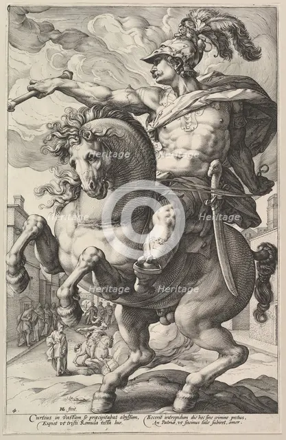 Marcus Curtius, from the series The Roman Heroes, 1586. Creator: Hendrik Goltzius.