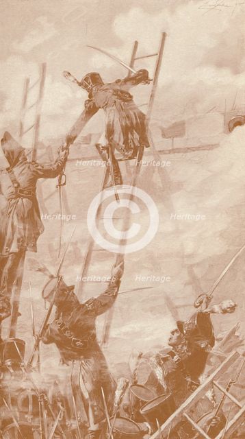 'Marbot and Labédoyère Scaling the Wall at Ratisbon', 1809, (1896). Artist: Unknown.