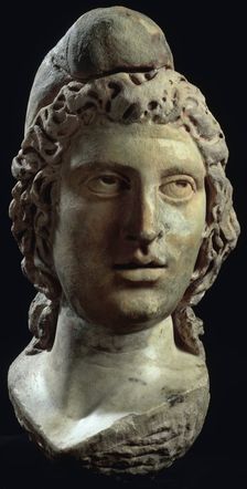 Marble head of Mithras, the Persian god of heavenly light. Creator: Unknown