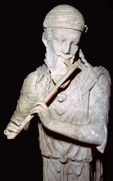 Marble herm: satyr playing the plagiaulos / flute, Lazio, Rome, Italy, 1st Century