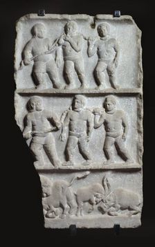 Marble relief with 3 registers: slaves in chains and animals, c200