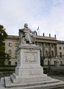 Marble statue of Wilhelm von Humboldt at the entrance to Humboldt University, Berlin, Germany, 2025. Creator: LTL