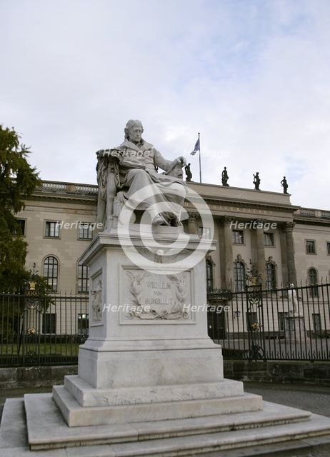 Marble statue of Wilhelm von Humboldt at the entrance to Humboldt University, Berlin, Germany, 2025. Creator: LTL.