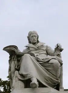 Marble statue of Wilhelm von Humboldt at the entrance to Humboldt University, Berlin, Germany, 2025. Creator: LTL