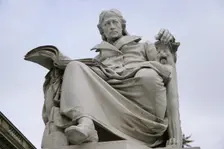 Marble statue of Wilhelm von Humboldt at the entrance to Humboldt University, Berlin, Germany, 2025. Creator: LTL