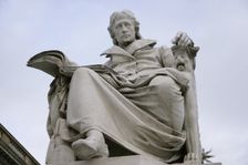 Marble statue of Wilhelm von Humboldt at the entrance to Humboldt University, Berlin, Germany, 2025. Creator: LTL