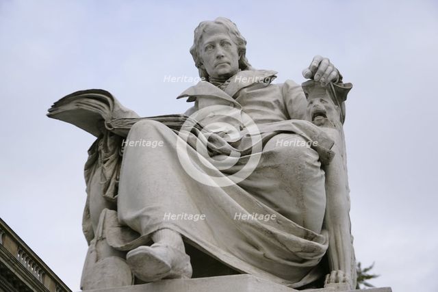 Marble statue of Wilhelm von Humboldt at the entrance to Humboldt University, Berlin, Germany, 2025. Creator: LTL.