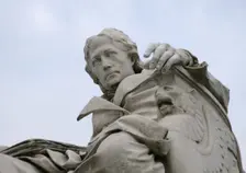 Marble statue of Wilhelm von Humboldt at the entrance to Humboldt University, Berlin, Germany, 2025. Creator: LTL