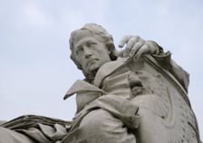 Marble statue of Wilhelm von Humboldt at the entrance to Humboldt University, Berlin, Germany, 2025. Creator: LTL