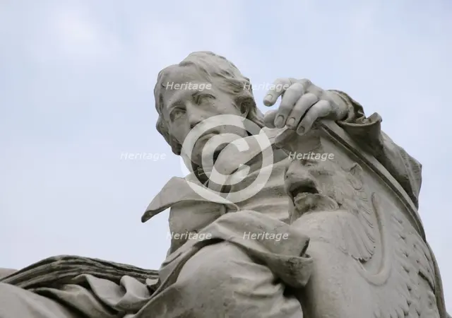 Marble statue of Wilhelm von Humboldt at the entrance to Humboldt University, Berlin, Germany, 2025. Creator: LTL.